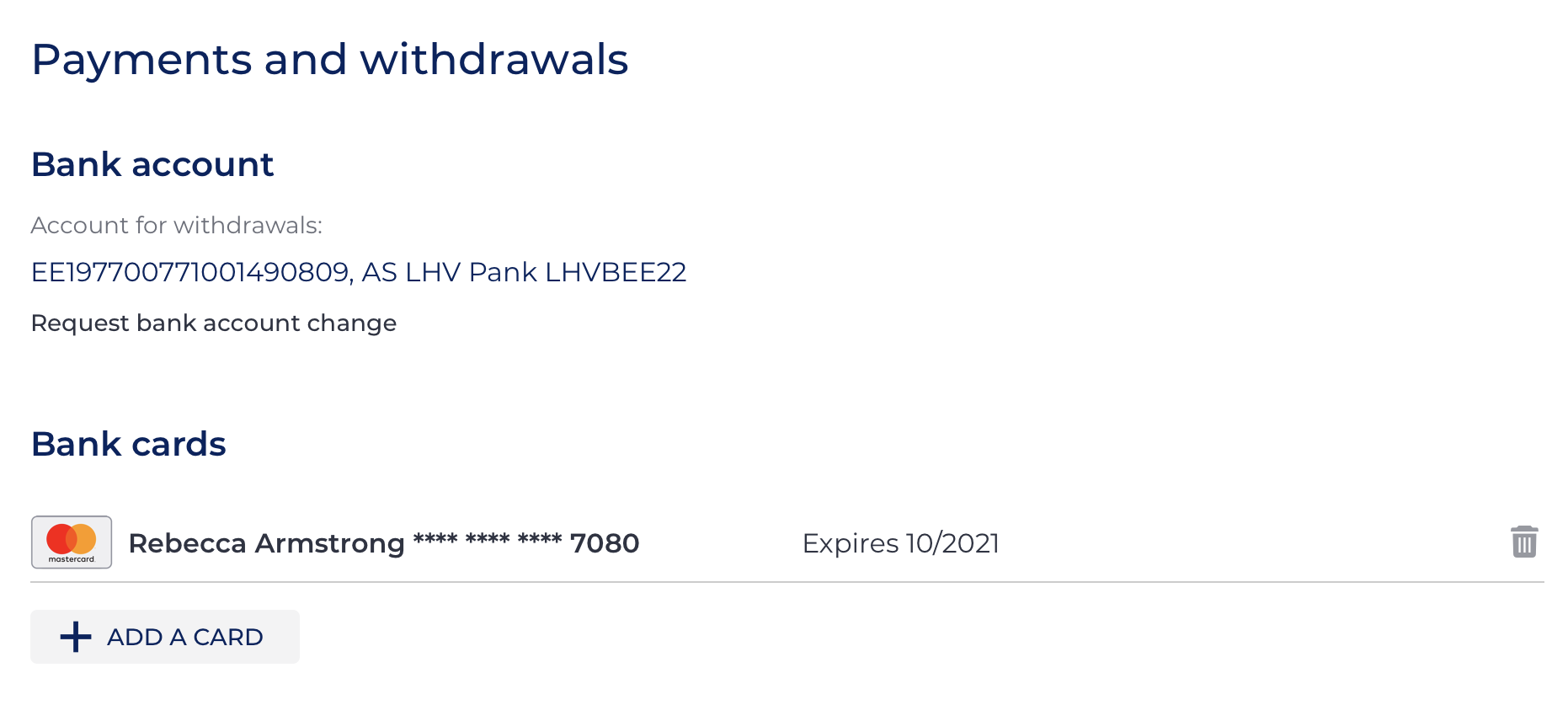 Payments section on the Settings page