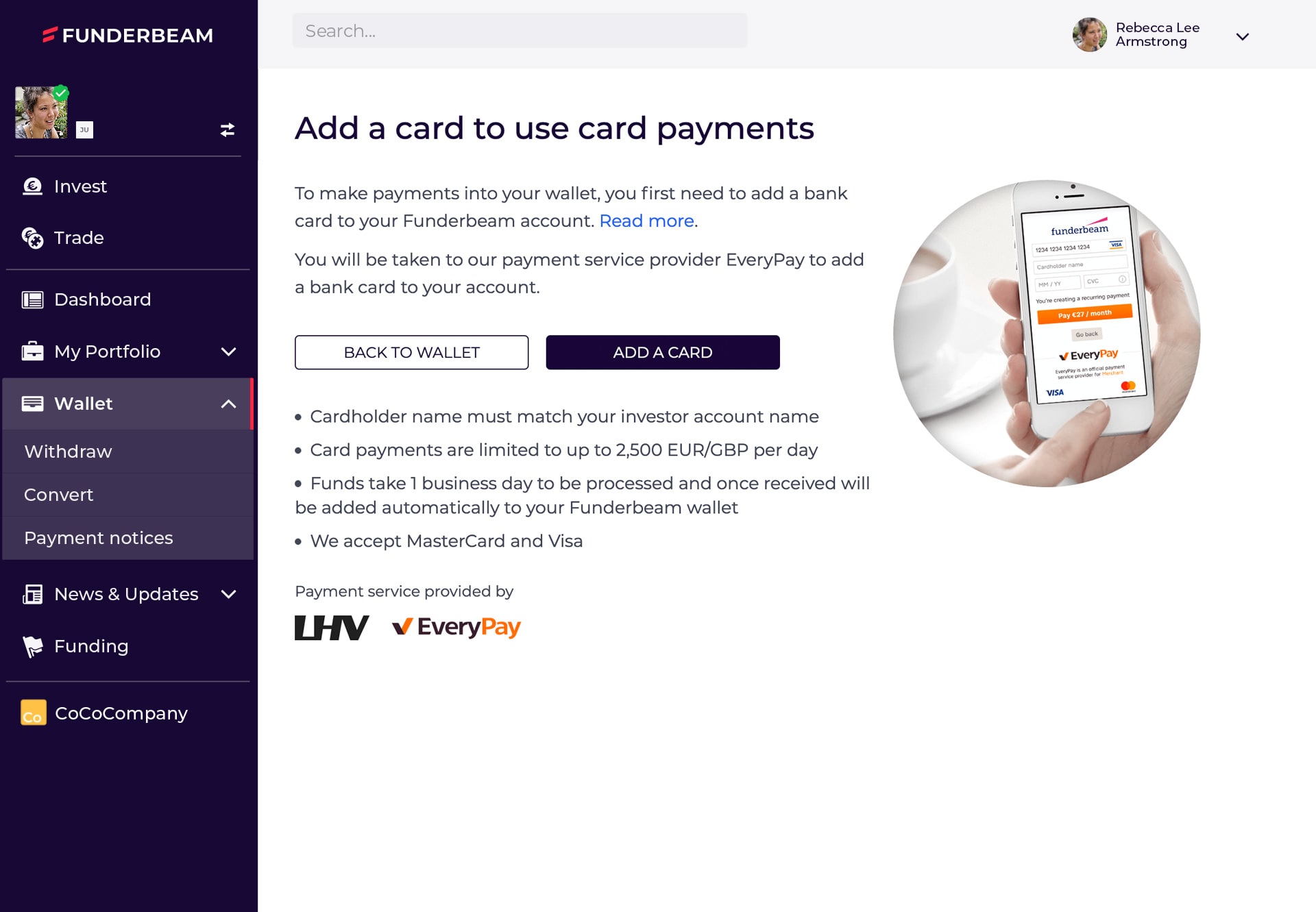 Screenshot of the Add card starting page